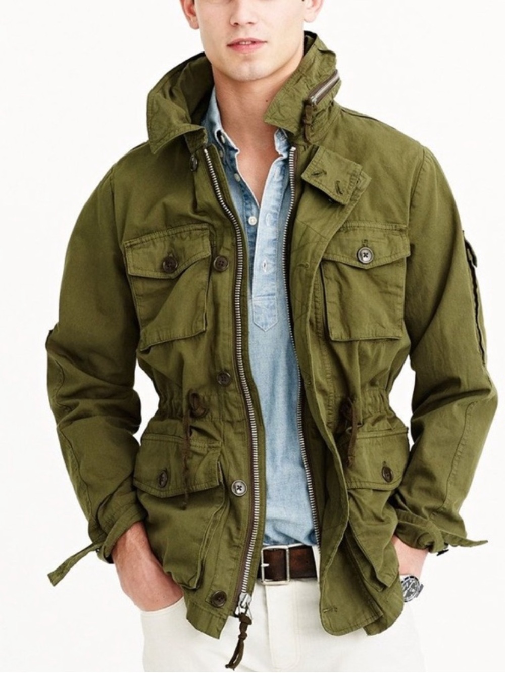 J Crew Field Mechanic Jacket Army Green Utility Military Stow Hood Zipper-Large